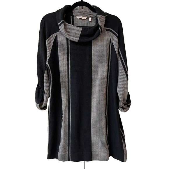 Soft Surroundings size M Roll tab sleeves cowl neck Gray Black tunic Stripe Top - Picture 1 of 10